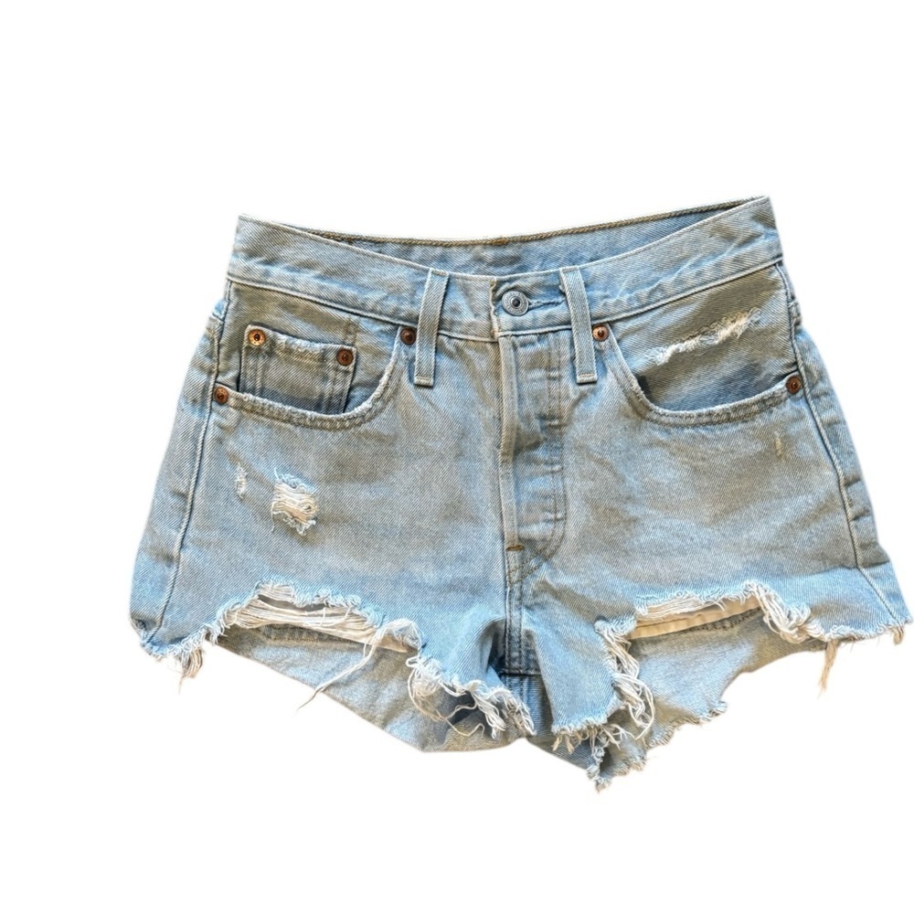 Levi’s 501 High Rise Denim Shorts Sz 24 Light Wash Cotton Distressed Button Fly